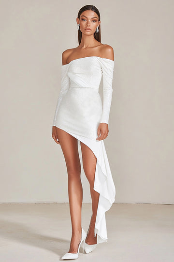 Off The Shoulder Ruffled Cocktail Dress with Long Sleeves